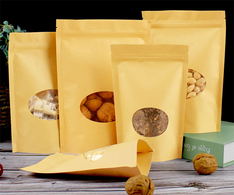 100pcs Thick Stand up Kraft Paper Clear Oval Window Zip Lock Bag Resealable Coffee Powder Snack Cereals Candy Bakery Sugar Gifts Packaging Storage Pou