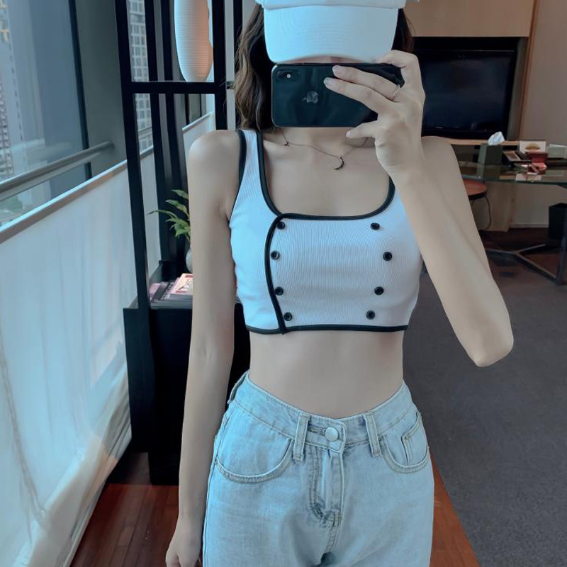 Sexy Girl Dancing Lady Crop Top White Sleeveless Shirt Women Double Buttons Cool Chemise Femme Camiseta Feminina Camisa Mujer 220325
