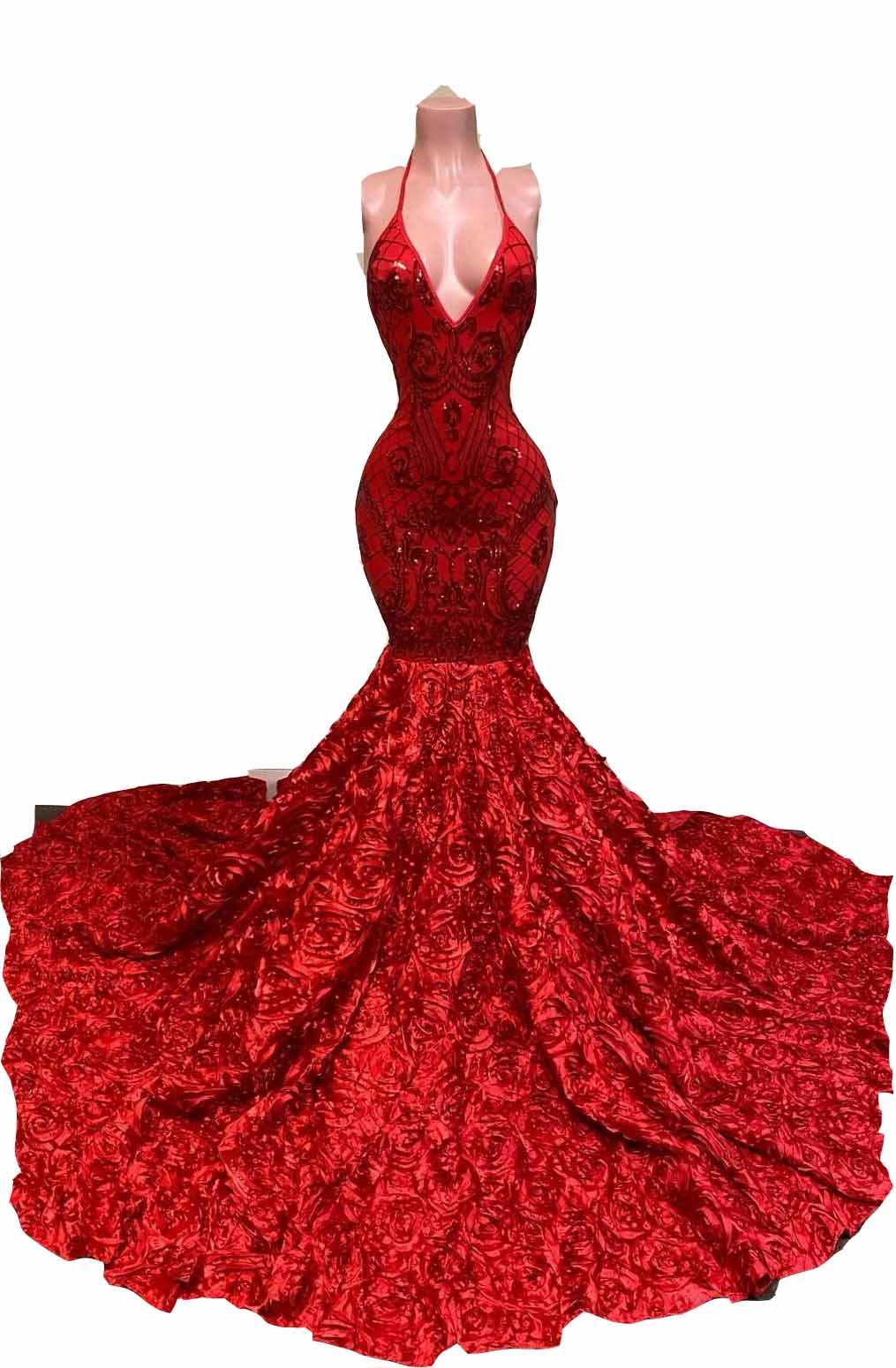 2022 Sexy Backless Red Prom Dresses Halter Deep V Neck Sequined Lace Appliques Sequins Mermaid Evening Dress Rose Ruffles Special Occasion Party Gowns