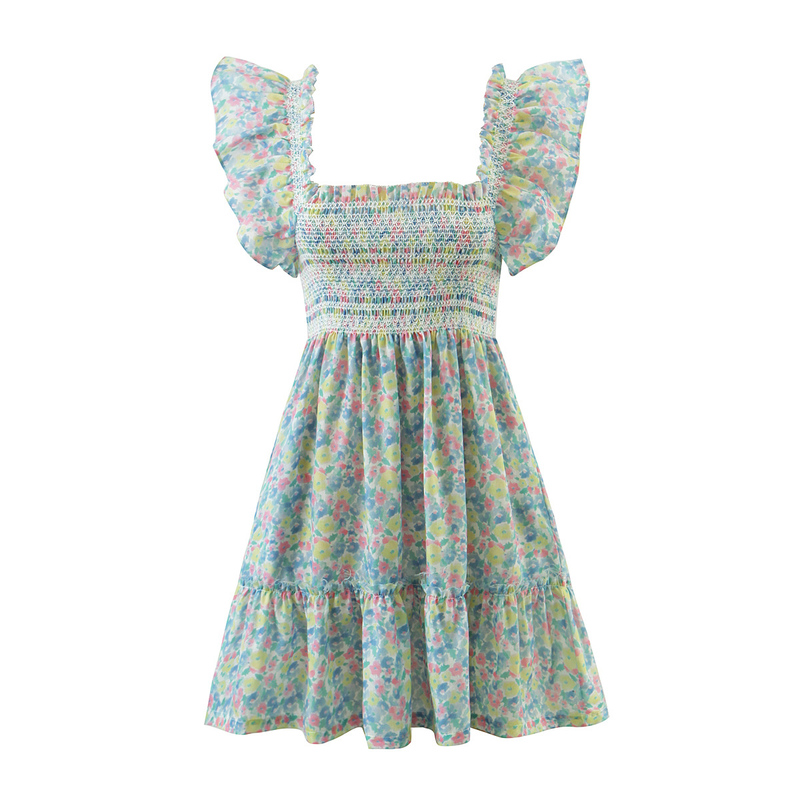 Sexy Floral Print Ruched Elastic Body Ruffle Strap Mini Dress Sleeveless Short Tank Dresses Holiday Woman Robe 220511