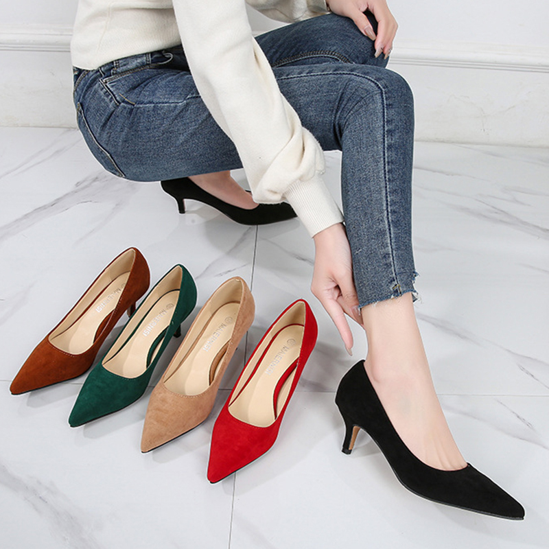 High Heel Pumps 5CM Shoes Work Flock Low Large Size 35- women's Girl Stiletto Professional Casual 220324