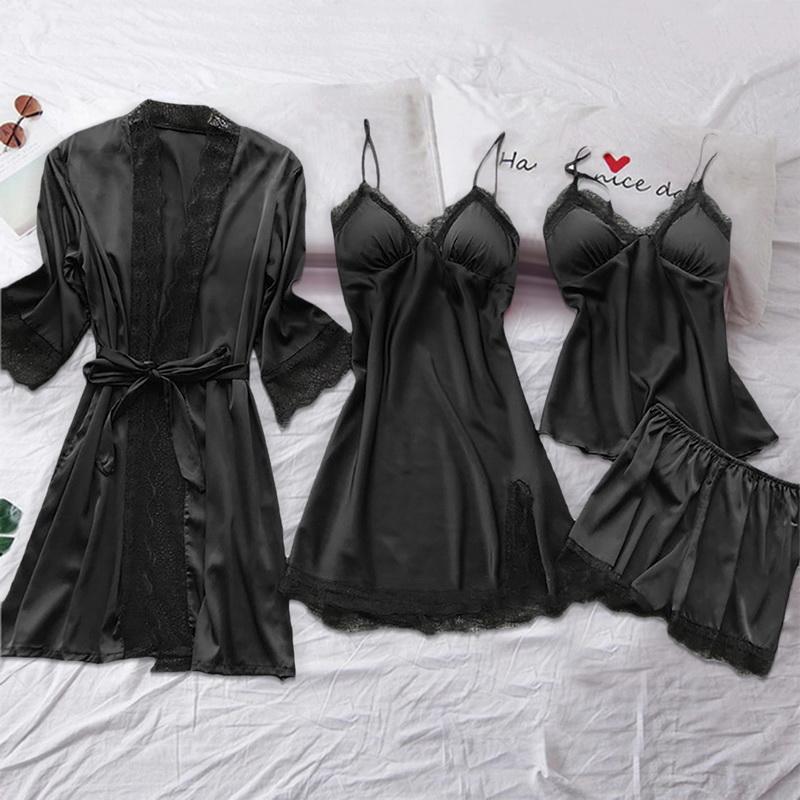 Women' Sleepwear 4 Pieces 2022 Women Pajamas Sets Satin Silk Nightwear Pyjama Soild Strap Lace Sleep Lounge Pijama With Chest Pads, Style 2--color 14
Women' Sleepwear 4 Pieces 2022 Women Pajamas Sets Satin Silk Nightwear Pyjama Soild Strap Lace Sleep Lounge Pijama With Chest Pads, Style 2--color 14