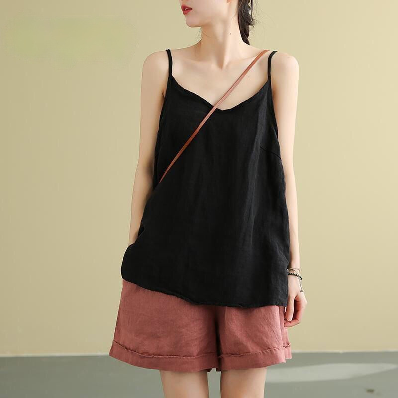 Women's Tops Spaghetti Strap Camis Cotton Linen V Neck Loose Tank Sleeveless Linens Casual Women Summer Camisole 220316