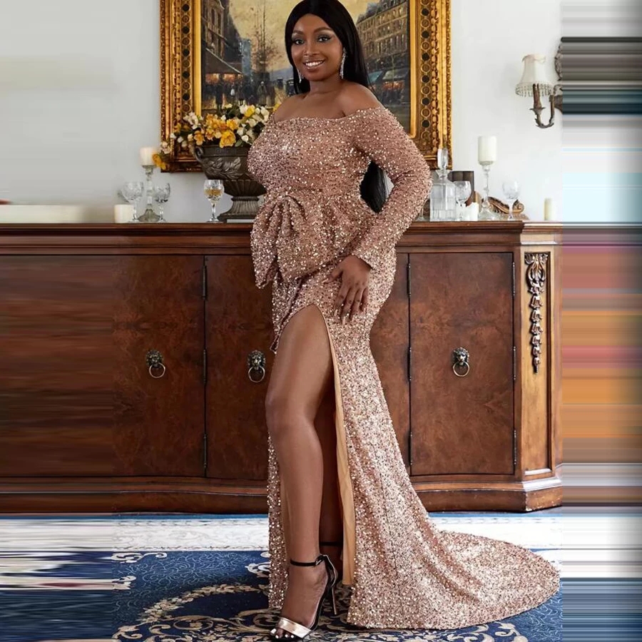 Elegant Rose Pink Sequined Long Sleeves Evening Dress