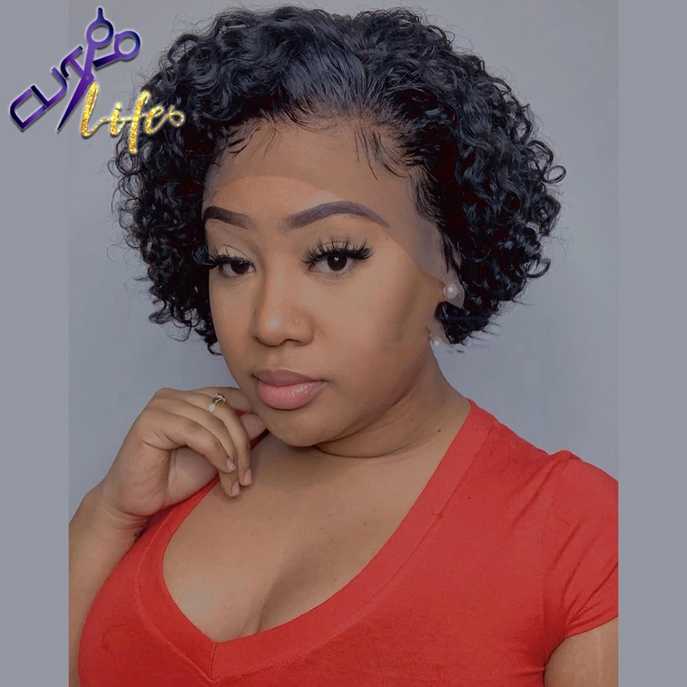 Pixie Cut Short Bob Curly Lace Frontal Human Hair Wig Transparent Deep Wave Lace Front Wigs For Women