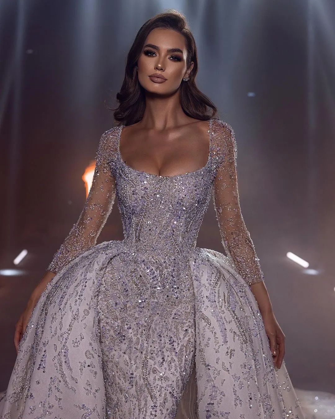 Stylish Glitter Square Collar Wedding Dresses Sequined Bridal Gown Custom Made Crystals With Overskirt Illusion Robes De Mariee 0219
