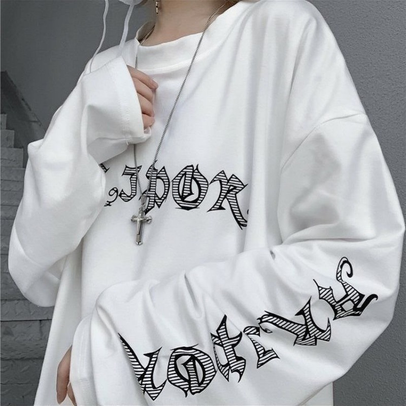 QWEEK Gothic White T-shirt Women's Harajuku Long Sleeve Mall Goth Top Vintage Grunge Alt Clothes Aesthetic Kpop Korean 220321
