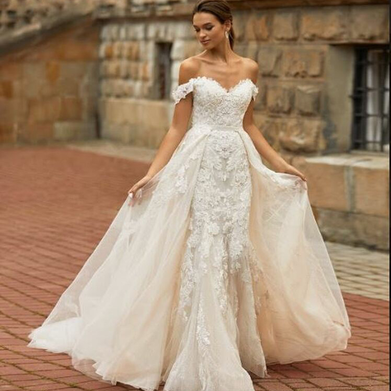 Vintage Boho Wedding Dress 2 in 1 Detachable Train Elegant Mermaid Lace Country Wedding Dresses 2022 Off The Shoulder Black Girls Bride Vestidos De No