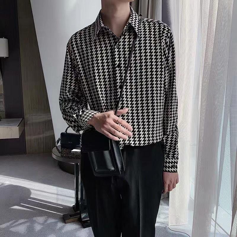 Men039s Casual Shirts TAVARES Men Houndstooth Long Sleeve Plaid Shirt Baggy Oversized Gothic Harajuku Button Up Cardigan Tops