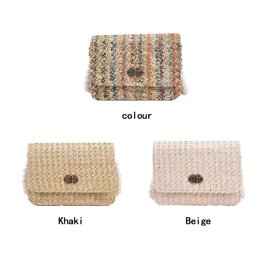 Vintage Ladies Straw Woven Shoulder Bag Women Pearl Chain Flap Messenger Bags Small Beach Handbags Women Summer Bags