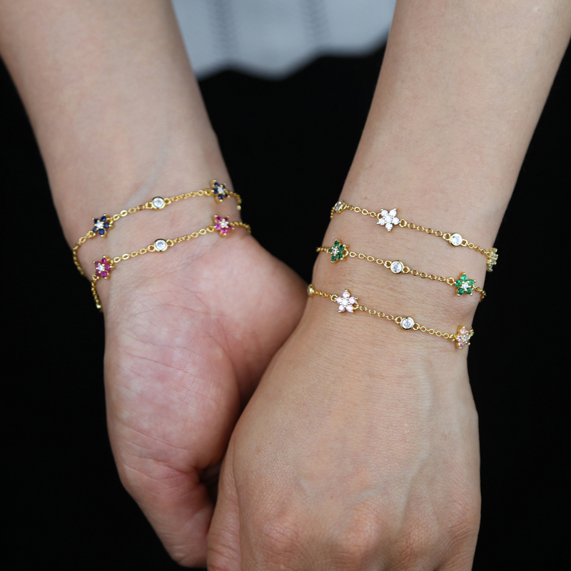 High Quality Cz Station Link Chain Flower Charm bracelet 15+4cm Extend Chain Cute Lovely Women Girl Fashion Bracelets wholesale