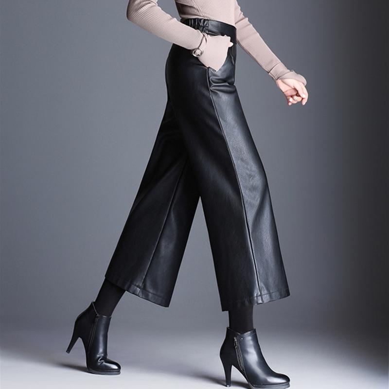 Oversized High Waist Pu Wide Leg Ankle-length Pant Baggy Black Shiny Faux Leather Womens Loose Pant Korean Trousers 220325