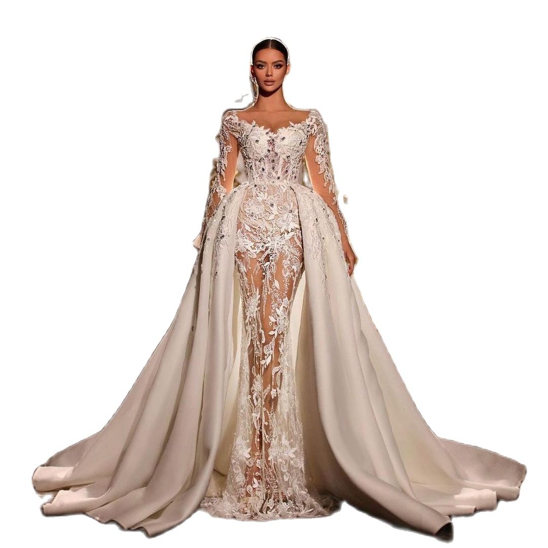 Elegant Lace Mermaid Wedding Dress With Detachable Train Applique Full Sleeve Saudi Arabic Illusion Bridal Gown