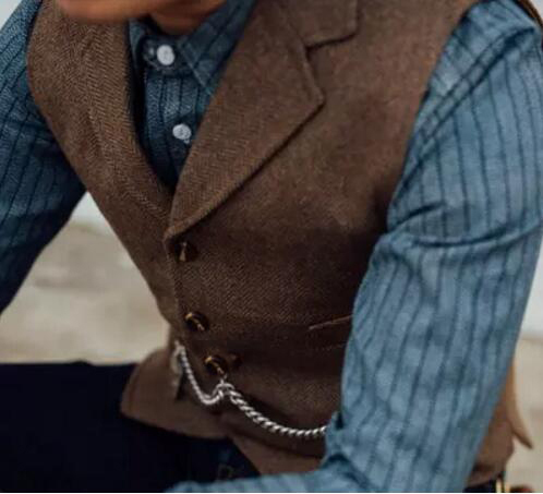 Business Mens Suit Vest Lapel V Neck Wool Herringbone Casual Brown Waistcoat Casual Formal Groomsman Jacket For Wedding 220725
