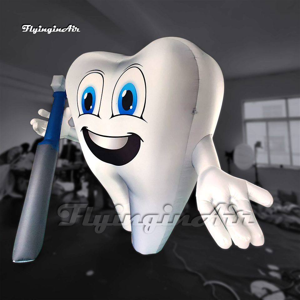 Personalized White Inflatable Tooth Model 2m/3m Advertising Cartoon Figure Balloon Air Blow Up Tooth Man Holding A Toothbrush For Dental Clinic