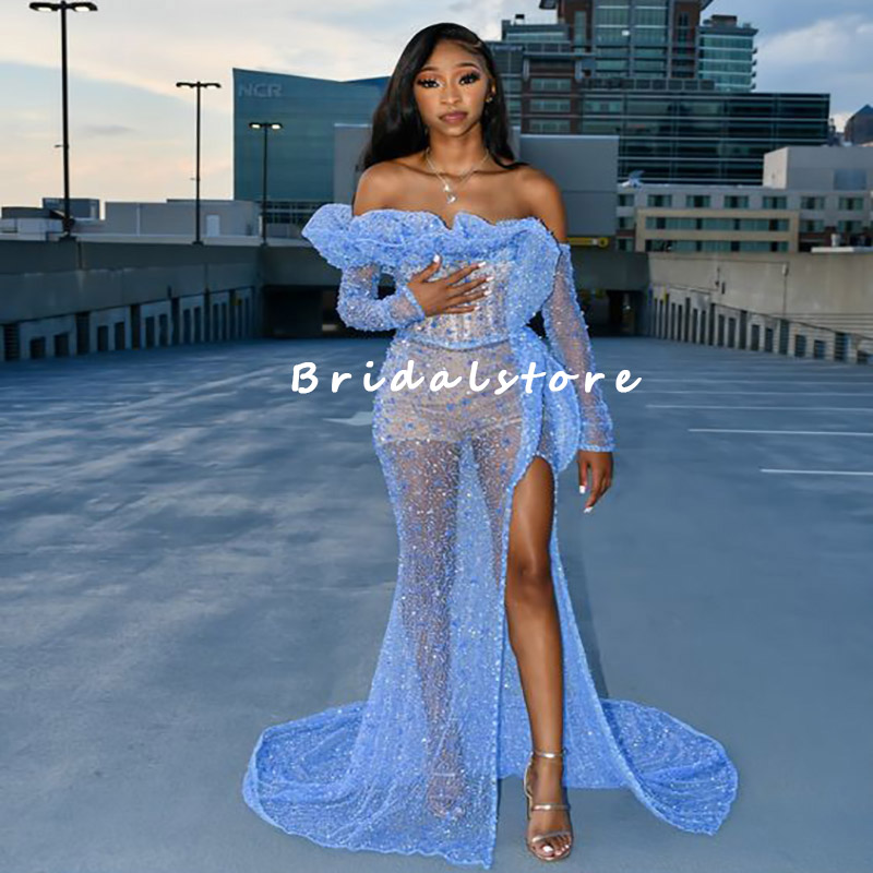 Sparkly Blue Sequins Prom Dress 2022 For Black Girls Aso Ebi Boat Neck Long Sleeve Mermaid Evening Gowns Slit Short Pant Party Wear Ladies Vestios Rob