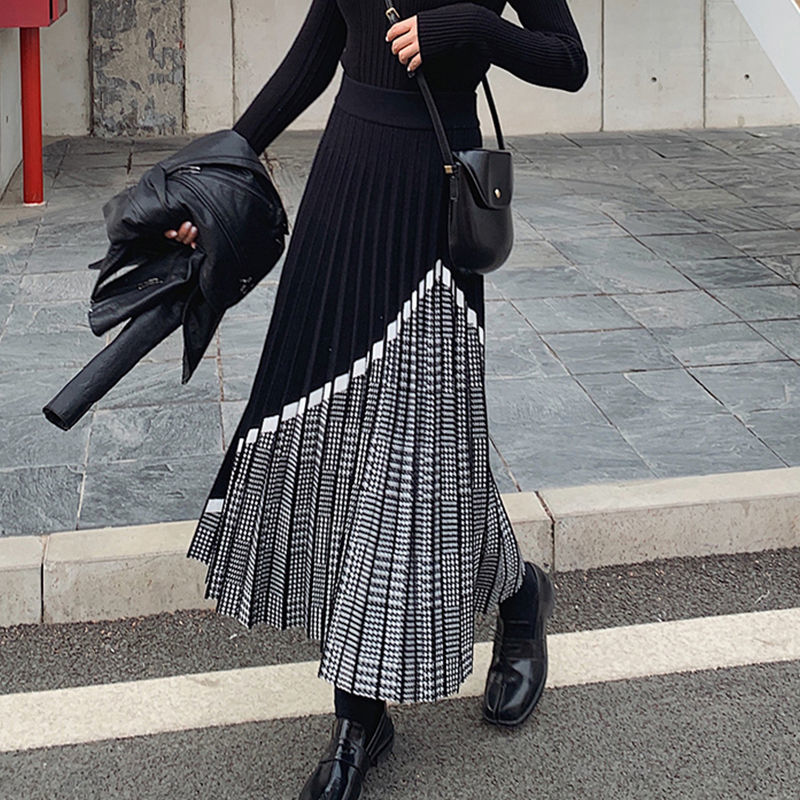 HOUZHOU Autumn Winter Houndstooth Knitted Long Skirts Women Vintage Black High Waist Midi Pleated Skirt Elegant Casual 220317