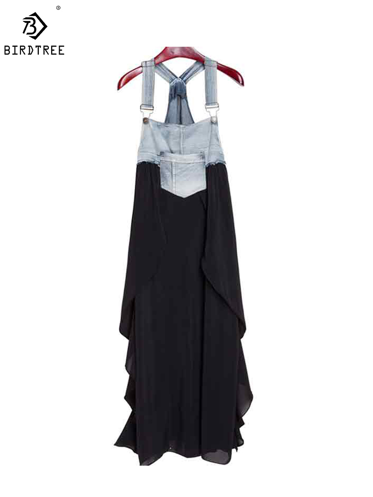 Summer Women Plus Size Square Collar Elegant Pocket Patchwork Strap Loose Casual Chiffon Jeans Black Dresses D93227X 220510