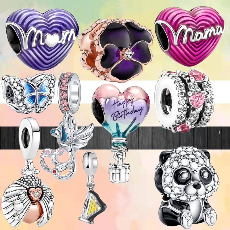 925 bracelet charms for charm set Original box Fashion Cute Panda Colored Butterfly Mother Love European Bead necklace charms jewelry