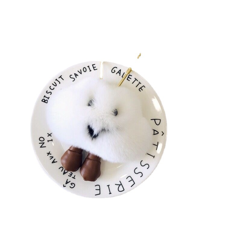 Cute Key Rings Real Rex Fur White Cloud Smile Face Bag Pendant Keychain