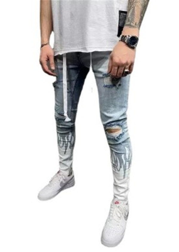 Men's Distressed Denim Cargo Jeans - Flame Colorblock Skinny Fit, Patchwork, Elastic Waist, Spring/Autumn B1