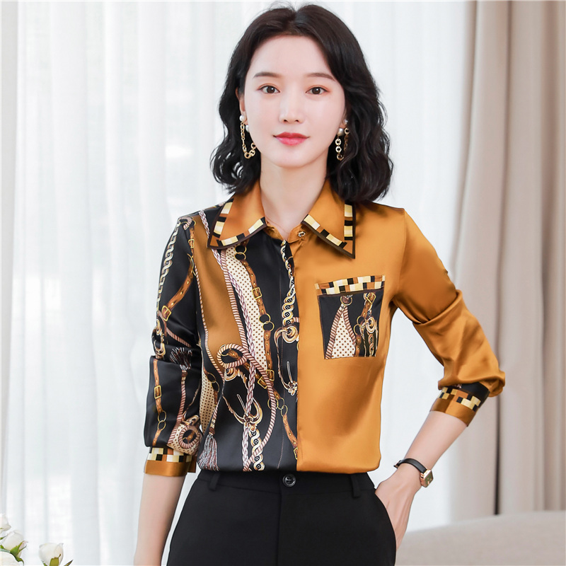 Fashion Silk Print Brown Shirt Women Long Sleeve Lapel Button Designer Blouses Spring Autumn Office Ladies Shirts Runway Woma