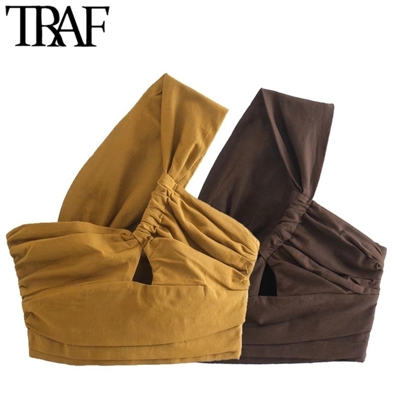 TRAF Women Sexy Fashion Pleated Asymmetry Linen Crop Tank Tops Vintage One Shoulder Side Zipper Female Camis Mujer 220325