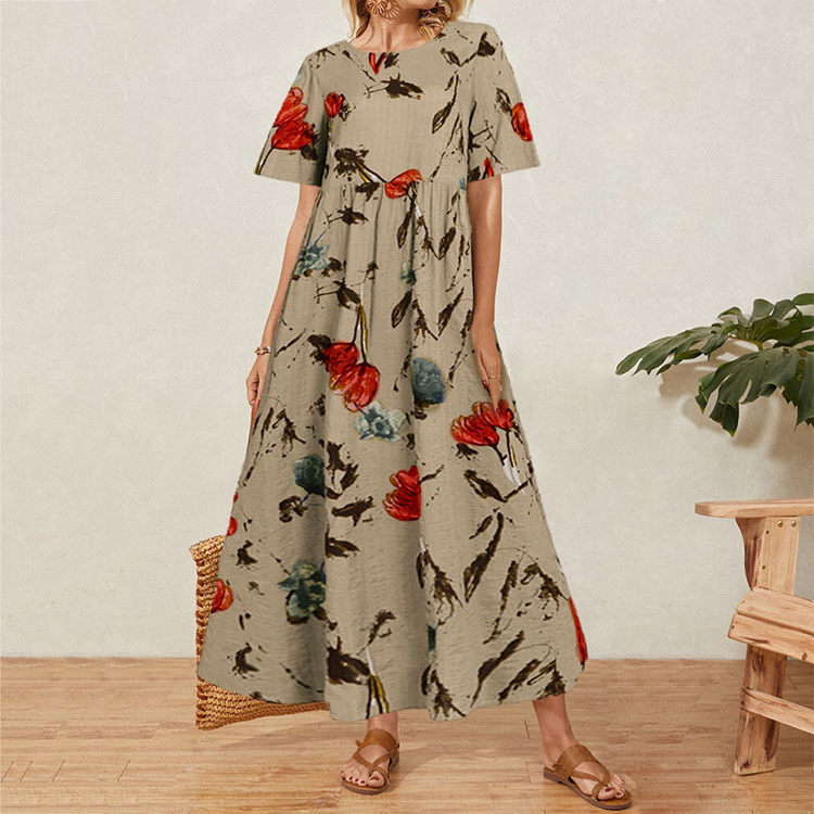 Vintage Floral Long Dres Summer Elegant Linen Short Sleeve Boho Maxi Dress Female Holiday Sundress Party Dresses Vestidos D220611