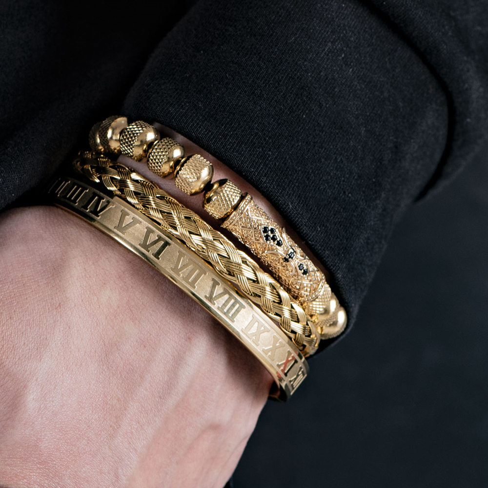 Luxury 3pcs/Set Flower Charm Gold Bangles Stainless Steel Bracelet Men Roman Number Europe Fashion Jewelry Gift For Male Female