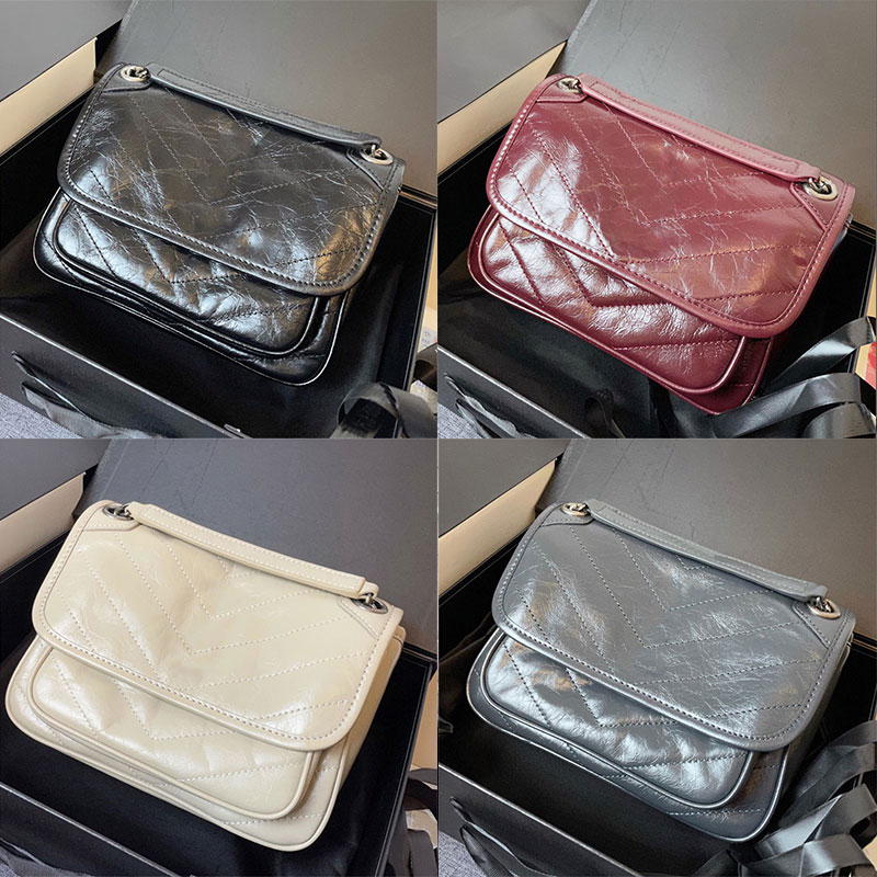 Niki Medium Chain Bag Quilted Vintage Crinkled Leather Classical Explosive Niki Baby Shopping Tote Womens Body Bags Crossbody Wallet Shoulder Bags