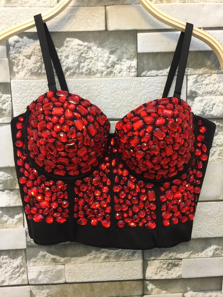 Unique red Gaga Bustier Pearls Diamond Push Up Night Club Bralette Women's Bra Top Vest Plus Size w1172 220325