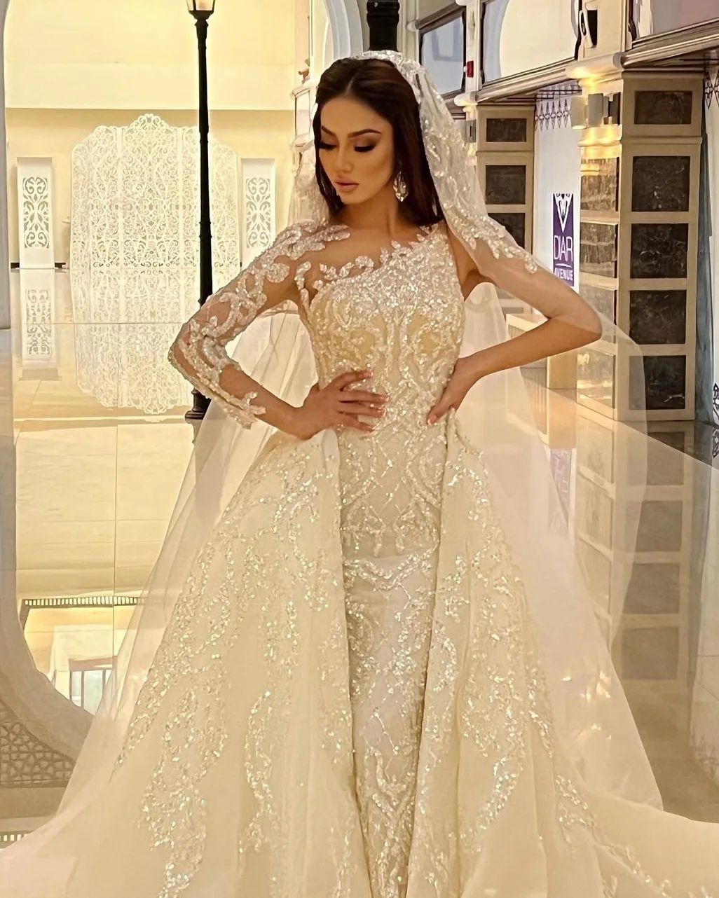Modern Mermaid Wedding Dress Sequins Lace Applique Long Sleeve Bridal Gowns Custom Dubai Bride Dresses