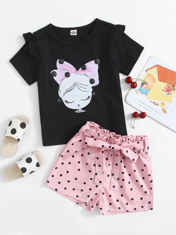 Toddler Girls Cartoon Graphic Tee With Paper Bag Waist Belted Shorts SHE