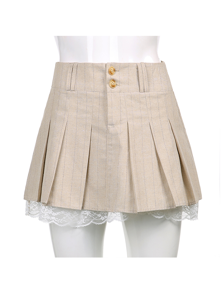 Sweetown Korean Fashion Khaki Short Skirt Lace Trim Cute Pleated Skirts Womens Preppy Style Button Up High Waist Summer Skirt 220701