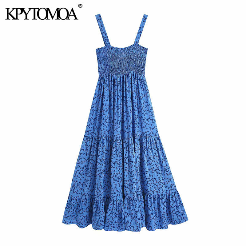 Women Chic Fashion Elastic Smocked Printed Midi Dress Vintage Straight Neck Straps Female Dresses Vestidos Mujer 220526