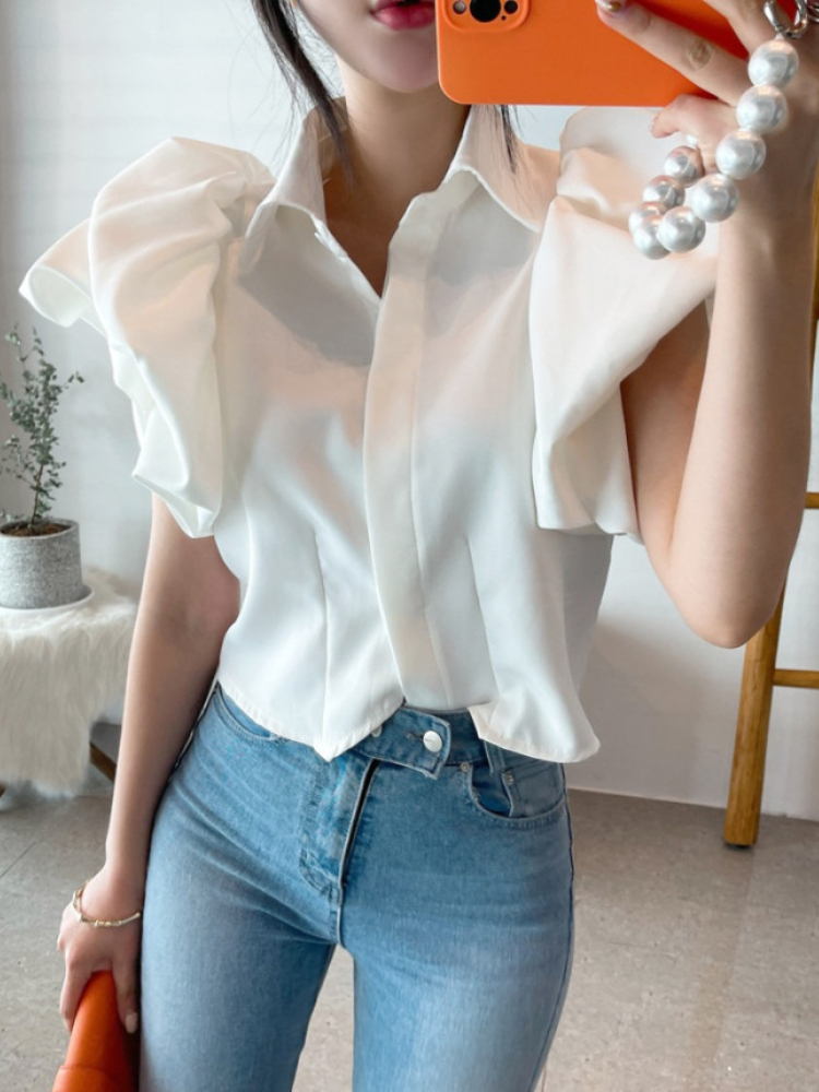 Woherb Vintage Puff Sleeve Elegant Shirt White Black All Match Blouse Turn Down Collar Office Ladies Blusa Female Casual Tops 220407