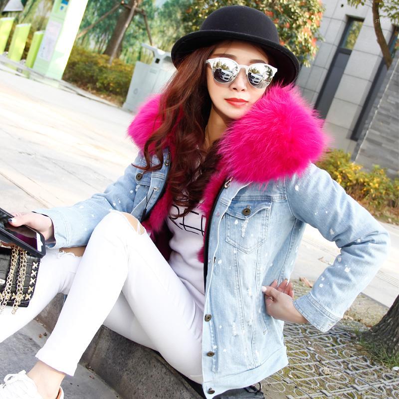 Wholesale- OFTBUY Brand 2022 Autumn Winter Jacket Coat Women Holes Denim Real Large Raccoon Fur Collar And Faux Thick Warm Liner, Blue 
Wholesale- OFTBUY Brand 2022 Autumn Winter Jacket Coat Women Holes Denim Real Large Raccoon Fur Collar And Faux Thick Warm Liner, Blue
