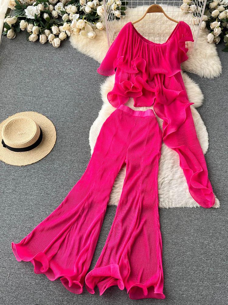 Women's Two Piece Pants Summer European Chic Design Suit Female Fashion Temperament Ruffle Top High Waist Wide Leg Trousers Two-piece Set Wo, Red
Women's Two Piece Pants Summer European Chic Design Suit Female Fashion Temperament Ruffle Top High Waist Wide Leg Trousers Two-piece Set Wo, Red