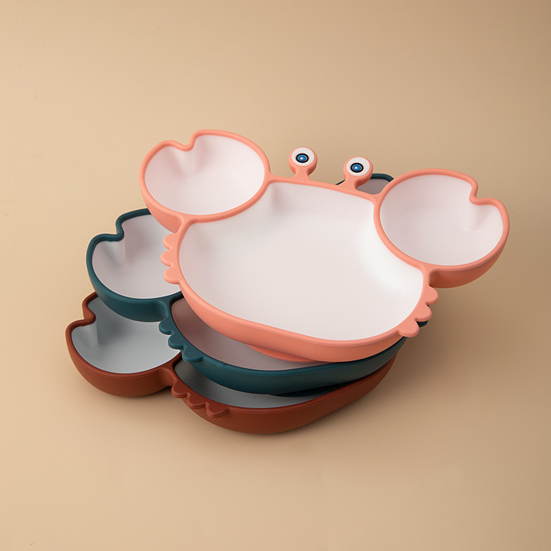 Baby Silicone Plate 1pc Cartoon Tableware Little Crab Three Divisions BPA-free Non-slip And Edible Supplementary Training Plate 220512