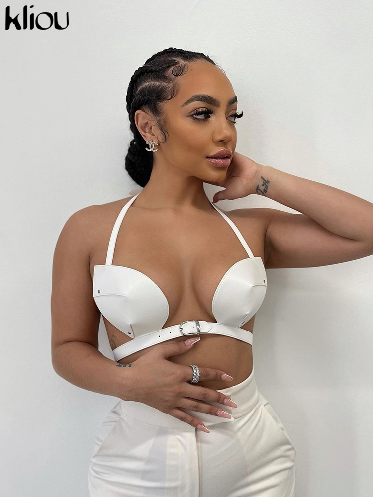 Kliou Halter PU Leather Top Women Sexy Solid Low Neck Sleeveless Backless Hipster Cleavage Vest Midnight Style Female Clubwear 220325