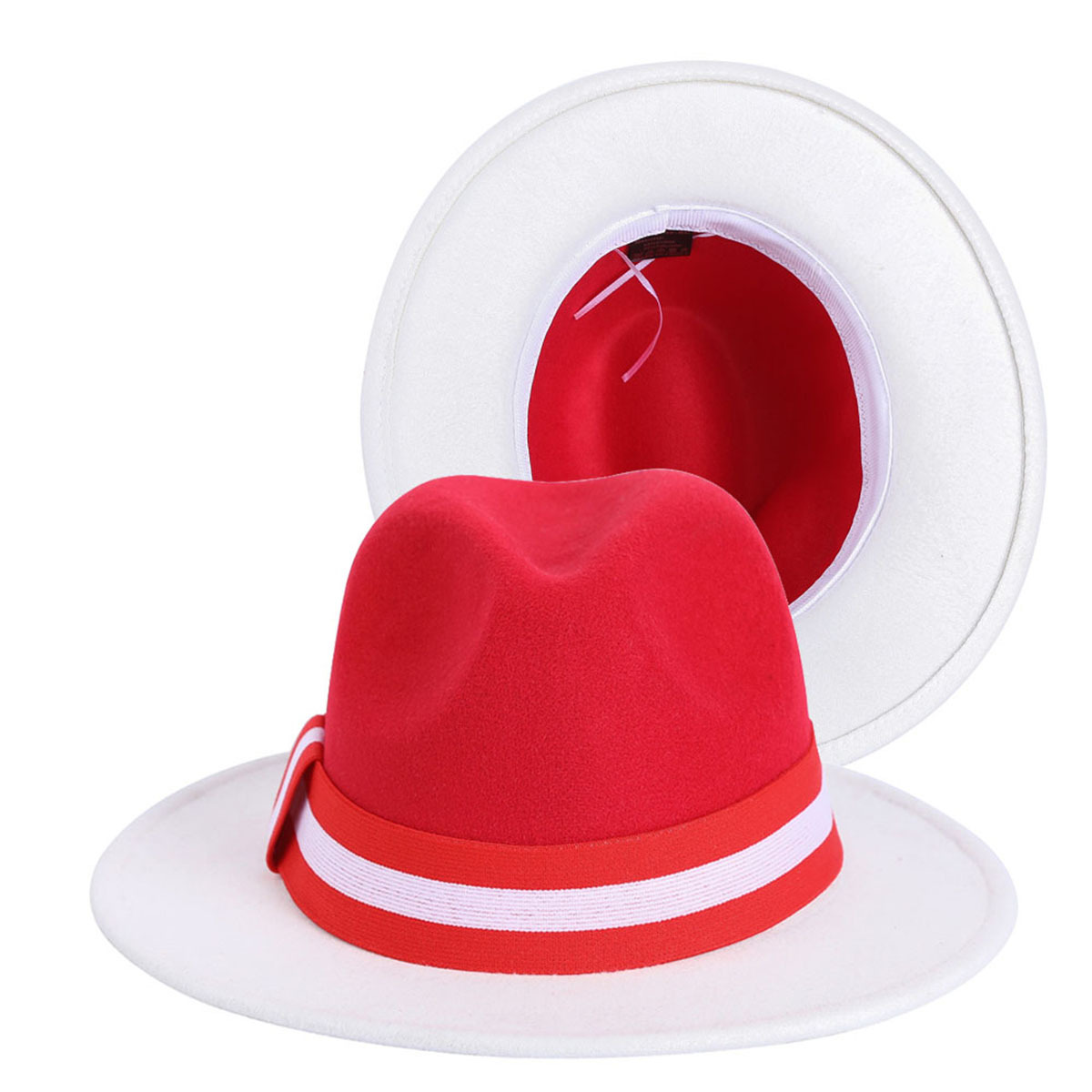 Red and White Patchwork Fedoras Jazz Top Hat Women Flat Brim Outdoor Sun Protection Hat Party Church Panama Felted Cap
Red and White Patchwork Fedoras Jazz Top Hat Women Flat Brim Outdoor Sun Protection Hat Party Church Panama Felted Cap
