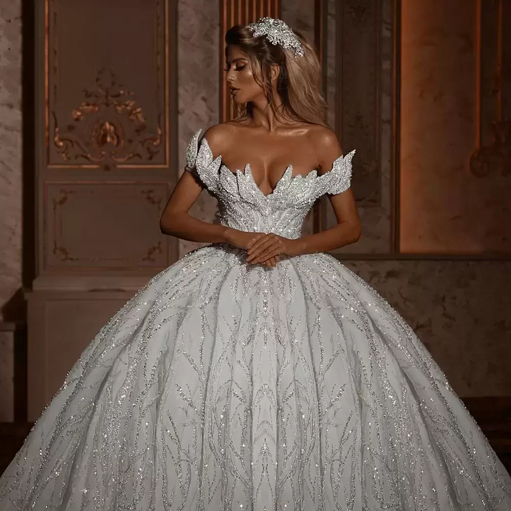 Glitter Off Shoulder Ball Gown Wedding Dresses Sparkly Backless Bridal Gowns With Long Train Vestidos De Novia Robe Mariee 0219