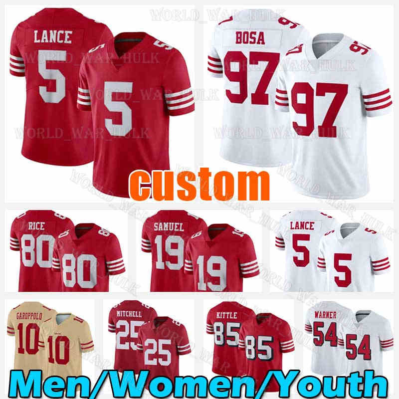 85 George Kittle Football Jersey 97 Nick Bosa Trey Lance 54 Fred Warner Brandon Aiyuk Javon Kinlaw Jerry Rice Deebo Samuel Ronnie Lott Colin Kaepernick Trent Williams, Men new jersey+patch
85 George Kittle Football Jersey 97 Nick Bosa Trey Lance 54 Fred Warner Brandon Aiyuk Javon Kinlaw Jerry Rice Deebo Samuel Ronnie Lott Colin Kaepernick Trent Williams, Men new jersey+patch