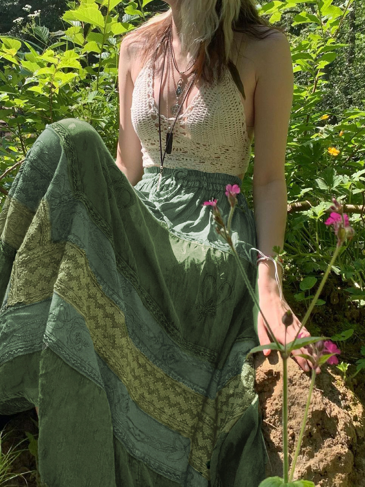 HEYounGIRL Vintage Green Women Long Skirt Aesthetic Graphic Print Hight Waist Cute Casual Midi Skirts Grunge Sweet Lady Outfits 220701