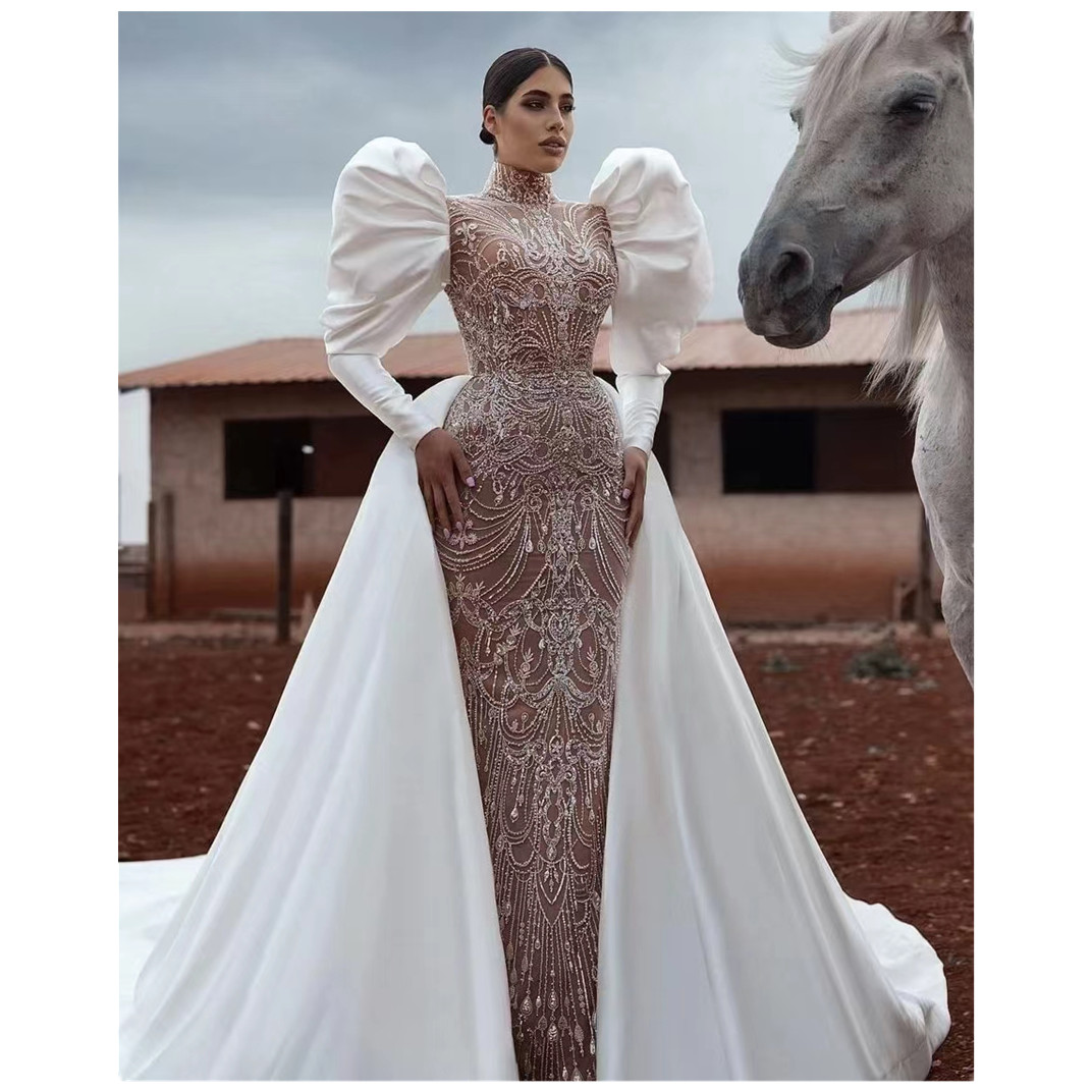 New Arrival Lace Appliques Mermaid Wedding Dress Sequins Beads Waist Long Sleeves Satin or Length High Neck Detachable Train Custom Made Bridal Robes