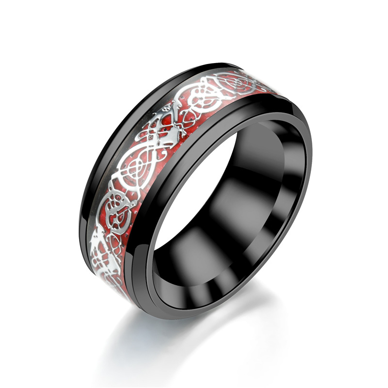 8mm Men's Stainless Steel Dragon Ring Inlay Red Green Black Carbon Fiber Ring Wedding Band Jewelry Size 6-13