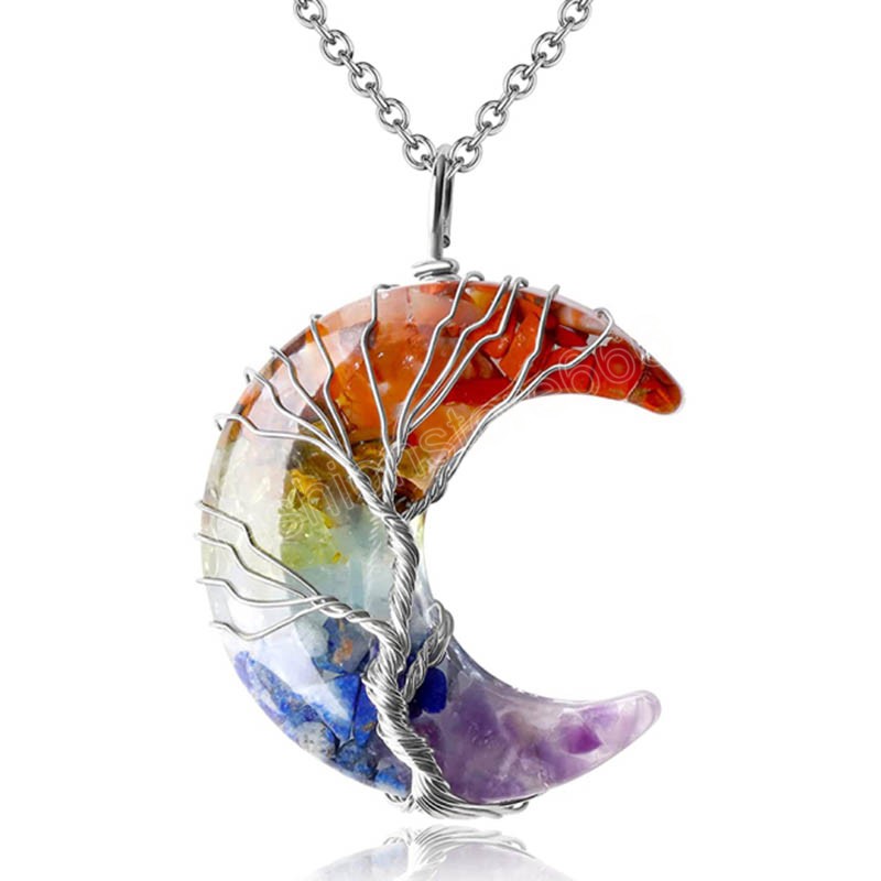 Chakra Tree of Life Wire Wrapped Necklace Pendant Crescent Moon Pendants Crystal Chip Beads Natural Stone Quartz Resin