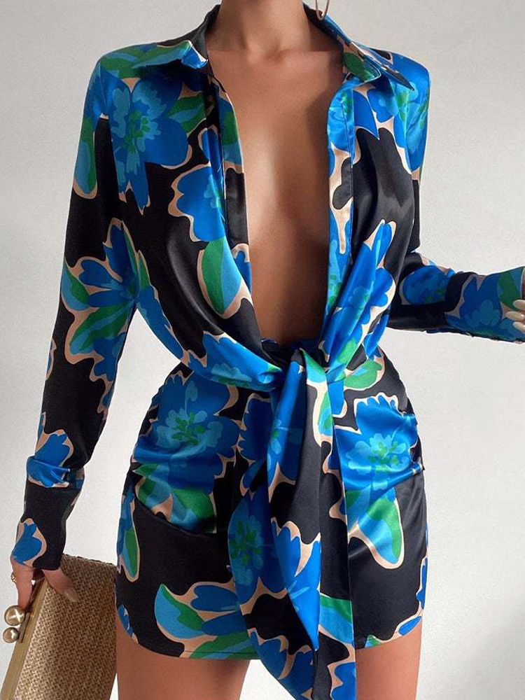 Spring Long-Sleeve Turn Down Neck Printed Lace-Up Office Ladies Shirt Dress Fashion Printed Sexy Slim Mini Dress Summer 220510