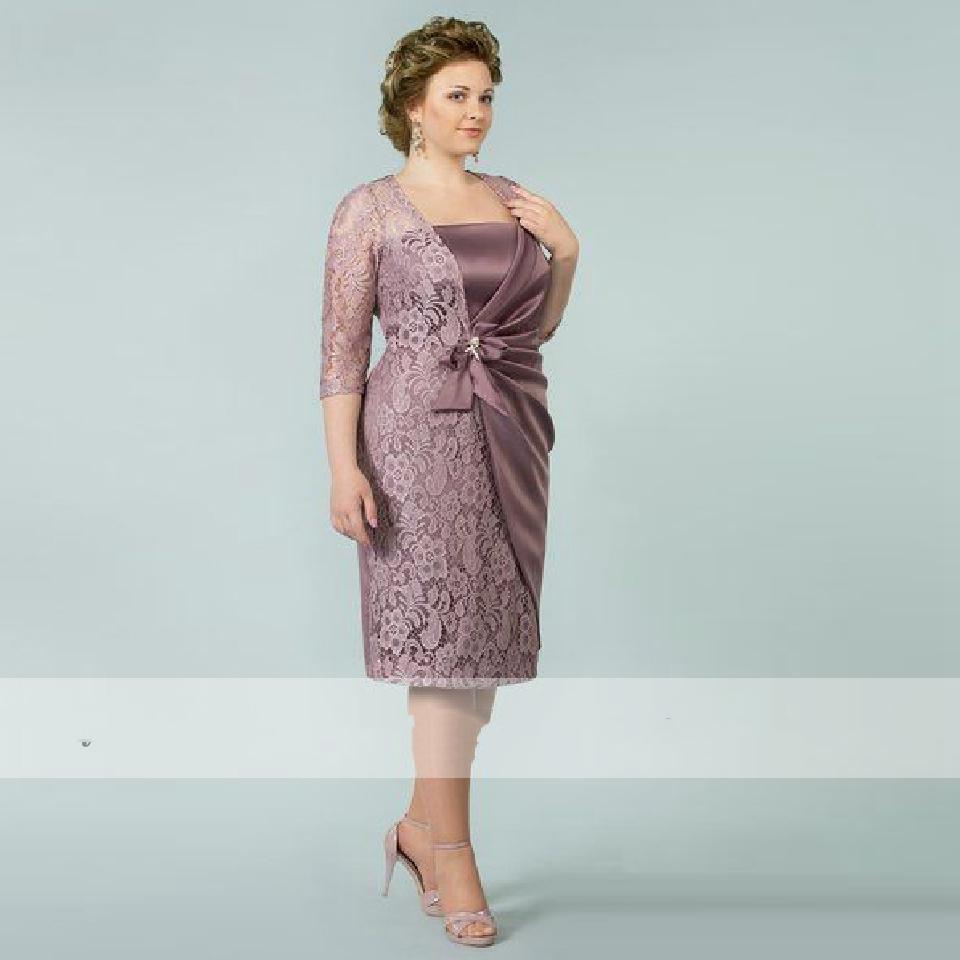 Straight Dusty Purple Mother Of The Bride Dresses Knee Length Lace Satin Guest Wedding Party Gowns Plus Size Short Groom Mothers Formal Evening Dresse