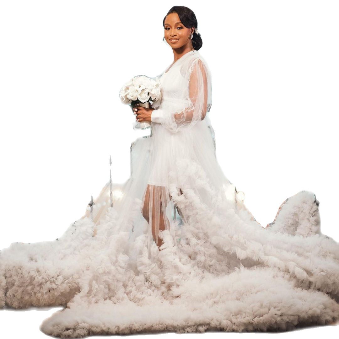 Sexy Women Maternity Plus Size Prom Dress Bathrobe V Neck Custom Made Tulle Night Gown Elegant Tiered Floor Length Dress